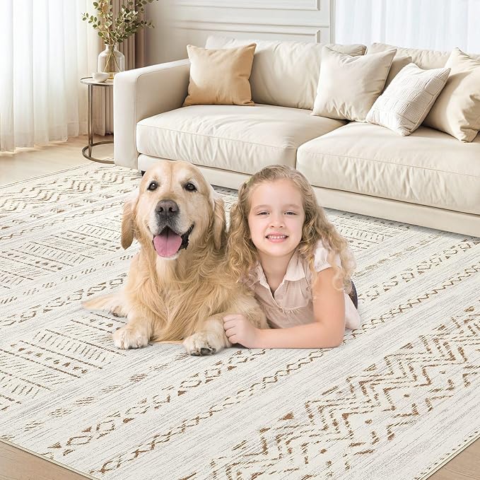 cotiled 5x7 Area Rug Living Room: Washable Boho Rugs with Non Slip Backing Large Soft Indoor Stain Resistant Carpet for Bedroom Farmhouse Dining Room Lightweight Home Decor Brown/Cream