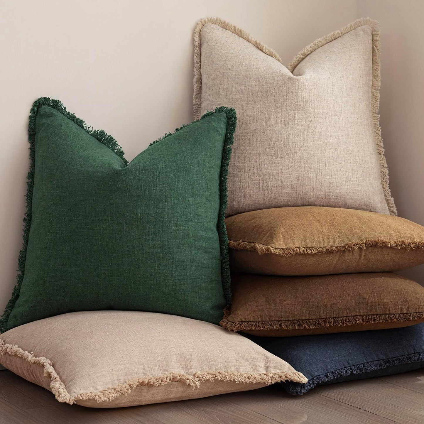 Foindtower Set of 2 Decorative Linen Fringe Throw Pillow Covers Cozy Boho Farmhouse Cushion Cover with Tassels Soft Accent Pillowcase for Couch Sofa Bed Living Room Home Decor, 16×16 Inch, Pine Green