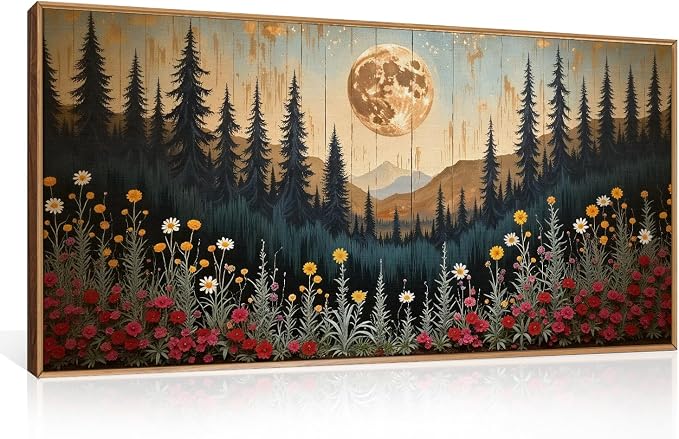 Vintage Moon Forest Framed Canvas Wall Art Set, 20"x40" | Boho Colorful Floral Mountain Nature Landscape Wildflower Pine Tree Modern Art Print Living Room Bedroom Hallway