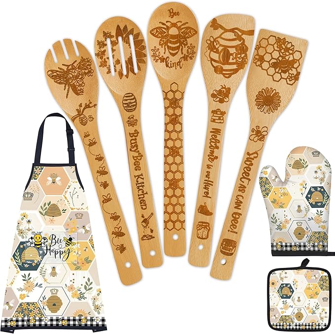 Bee Gifts for Women,8pcs Kitchen Utensils Set with Apron Oven Mitt Pot Holder - Unique Bee Bamboo Wooden Cooking Spoons Set,House Warming,Easter,Birthday,Mother's Day Gift