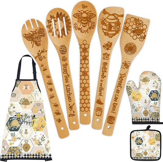 Bee Gifts for Women,8pcs Kitchen Utensils Set with Apron Oven Mitt Pot Holder - Unique Bee Bamboo Wooden Cooking Spoons Set,House Warming,Easter,Birthday,Mother's Day Gift