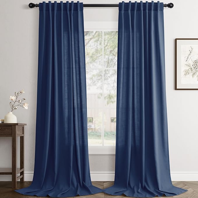 Jowels Denim Blue Linen Curtains 84 Inch Long 2 Panels for Living Room | Light Filtering Semi Sheer Curtain, Back Tab Pocket Pleated Look, Boho Farmhouse Textured Privacy Drapes for Bedroom Window