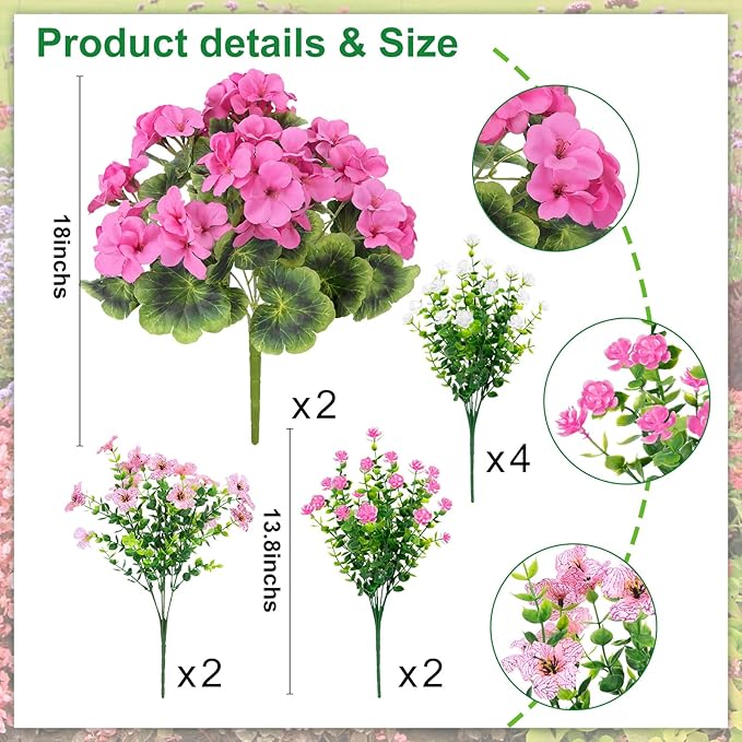 Ouddy Decor 18'' Artificial Geraniums Flowers for Outdoors, 10 Bundles Mixed Fake Silk Flowers Plastic Plants UV Resistant for Summer Garden Porch Patio Planter Table Home Decor, Pink