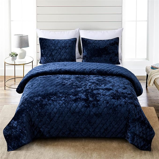 Fredsure Distressed Velvet Quilt Set, 3 Pieces Navy Queen, Distressed Velvet Face and Brushed Microfiber Reverse, with Diamond Quilting
