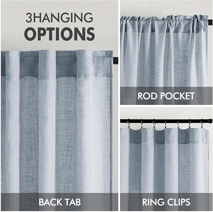 MIULEE Chambray Blue Linen Curtains 45 Inch Length 2 Panels for Bedroom Living Room, Soft Linen Textured Window Drapes Semi Sheer Light Filtering Back Tab Rod Pocket Farmhouse Modern Burlap Look Decor