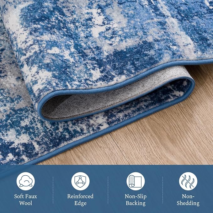 Rugflix 5x7 Area Rugs for Living Room, Washable Large Rug Stain-Resistant Low Pile, Modern Dark Carpet for Dining Room Home Office Kid Room Nursery Bedroom, Blue Grey
