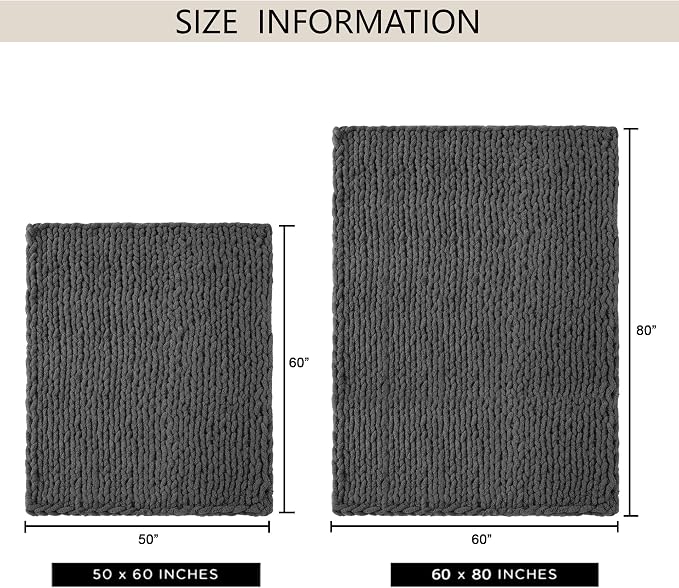 Chunky Knit Throw Blanket 60x80, 100% Handmade Chenille Yarn | 6.7lbs Soft Thick Cable Knitted Blankets, Large Rope Knot Crochet Throws for Couch Sofa Bed Machine Washable, Dark Grey