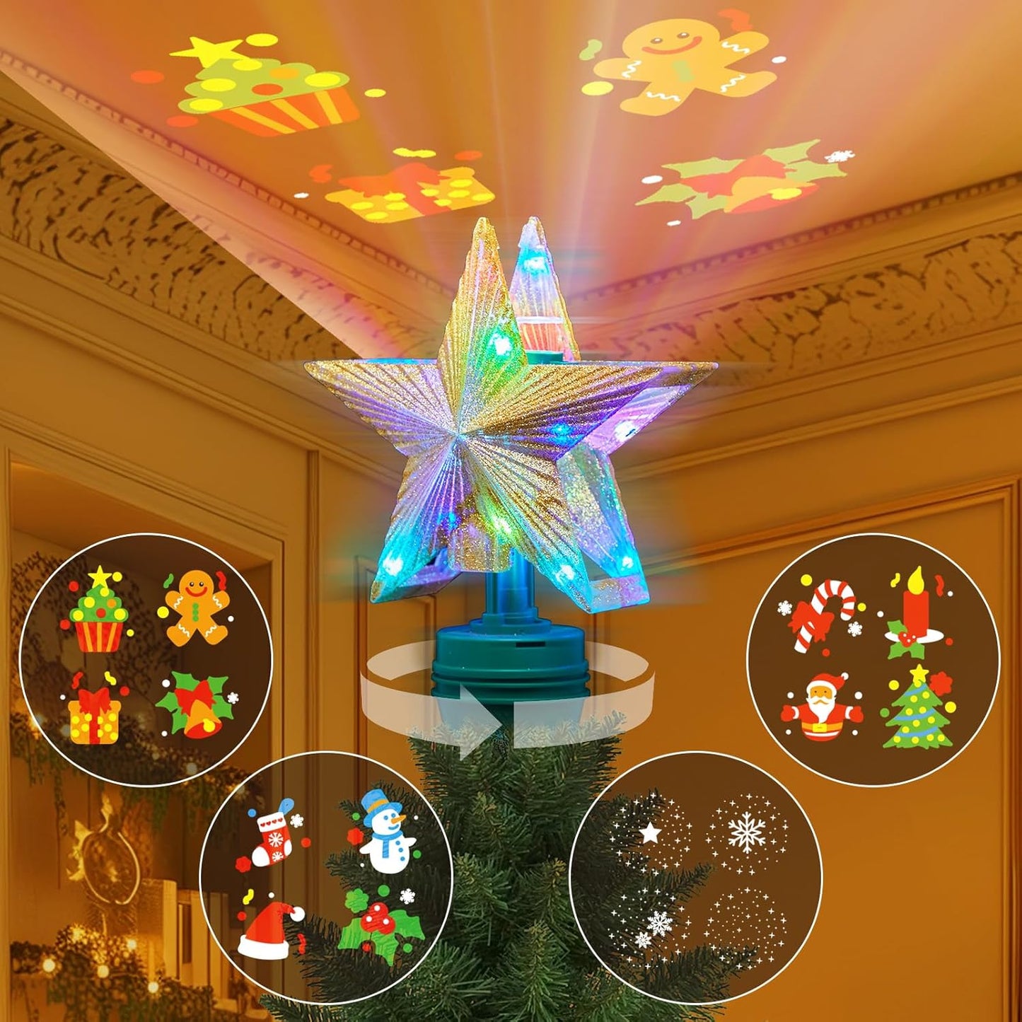 Christmas Star Tree Topper with 4 Projection Modes, Rotating 7 Color Gradient Tree Topper with Built-in LED Rotating Lights, Tree Top with Golden Spangles Plated Plug in for Christmas Decorations
