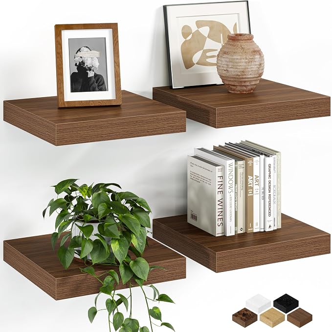 Fun Memories Floating Shelves for Wall, 9.3 Inch Set of 4 Rustic Wood Wall Shelves with Invisible Brackets, Heavy Duty Storage Display for Bathroom Bedroom Living Room Kitchen, Walnut