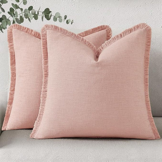 decorUhome Summer Decorative Neutral Linen Fringe Euro Sham Throw Pillow Covers Set of 2 Pink Pillow Covers with Tassels Soft Farmhouse Boho Accent Pillow Cases for Couch Bed Sofa 22x22 Inch
