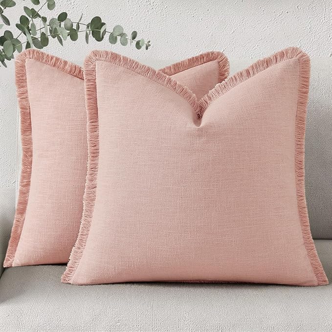 decorUhome Summer Decorative Neutral Linen Fringe Euro Sham Throw Pillow Covers Set of 2 Pink Pillow Covers with Tassels Soft Farmhouse Boho Accent Pillow Cases for Couch Bed Sofa 24x24 Inch