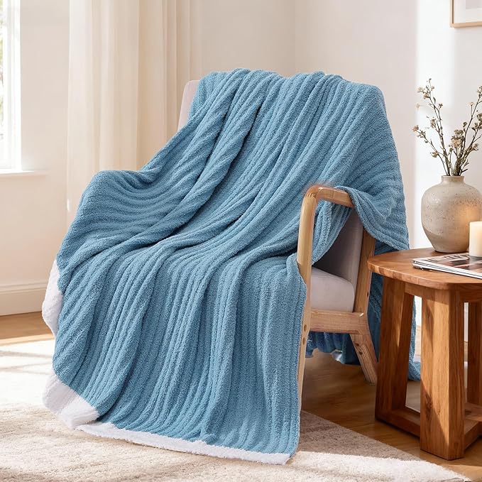 WRENSONGE Soft Throw Blanket for Couch-Cozy Reversible Knitted Blankets | Lightweight Warm Fluffy Decor for Women, Mom, Her & Girls, Sofa, Chair, Bed, 50x60in, Blue
