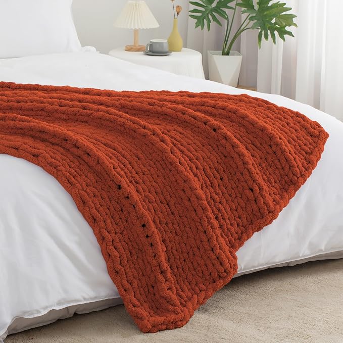 Chunky Knit Throw Blanket 60x80, 100% Handmade Chenille Yarn | 6.7lbs Soft Thick Cable Knitted Blankets, Large Rope Knot Crochet Throws for Couch Sofa Bed Thanksgiving Fall Decor, Rust