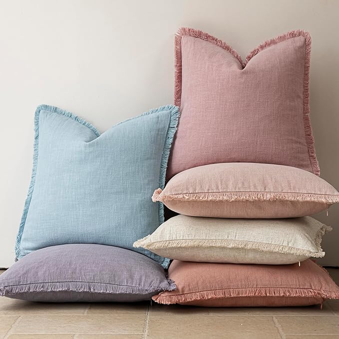 Foindtower Set of 2 Decorative Linen Fringe Throw Pillow Covers Cozy Boho Farmhouse Cushion Cover with Tassels Soft Accent Pillowcase for Couch Sofa Bed Living Room Home Decor,18×18 Inch,Rose Pink