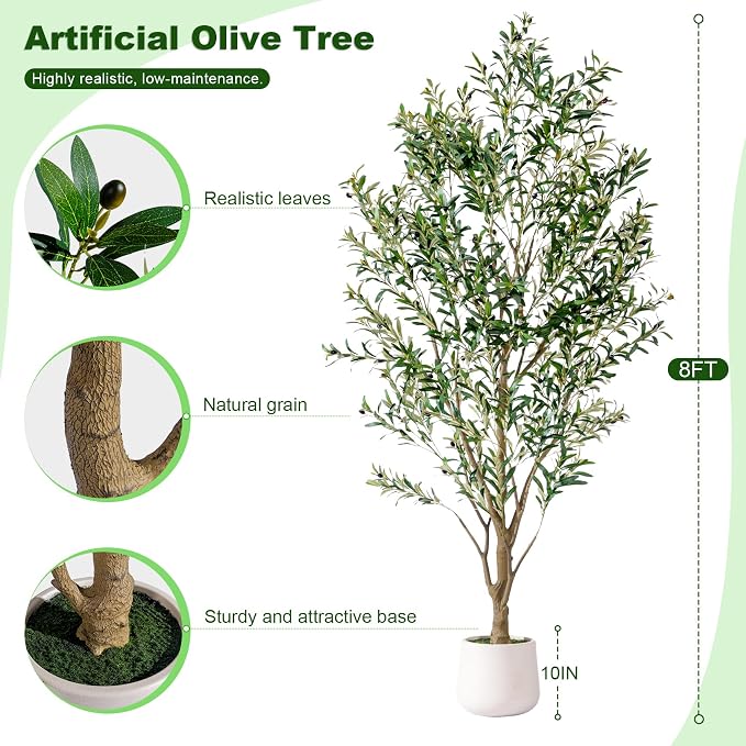 8FT Artificial Olive Tree with Realistic Leaves & Natural Trunk, Faux Silk Olive Plant in White Planter, Tall Fake Tree for Modern Home Office Living Room Entryway Corner Decor, Maintenance Free