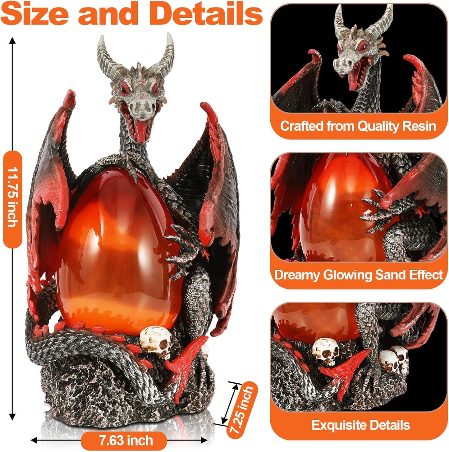 Fire Dragon Glitter Globe Statue Dragon Egg Glowing Sculpture, Skull Accent Base, Evil Dragons Lantern with 6H Timer, Battery Operated, Cool Decoration for Halloween, Fantasy Gift for Collectors