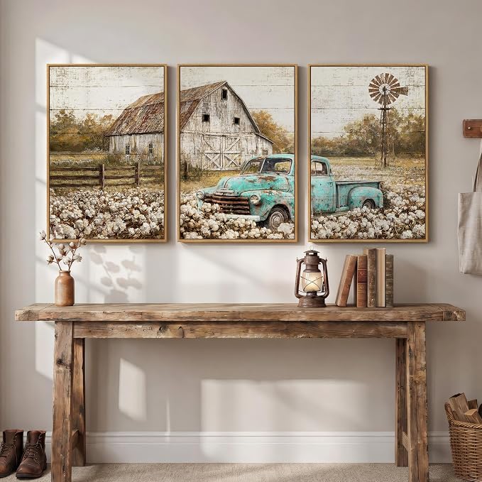 Set of 3 Framed Farmhouse Wall Art for Living Room, Large Vintage Barn Horizontal Landscape Canvas Prints, Rustic Retro Truck Cotton Field Wall Decor for Bedroom Dining Room Office Hallway 20x30 Inch