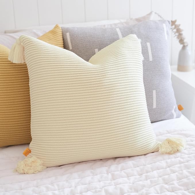 Lumi Lving Cozy Soft Cotton Throw Pillow Cover with Ribbed Knit Texture and Tassel Corners adds Light and Calm to Your Space (20x20, Oat Milk)