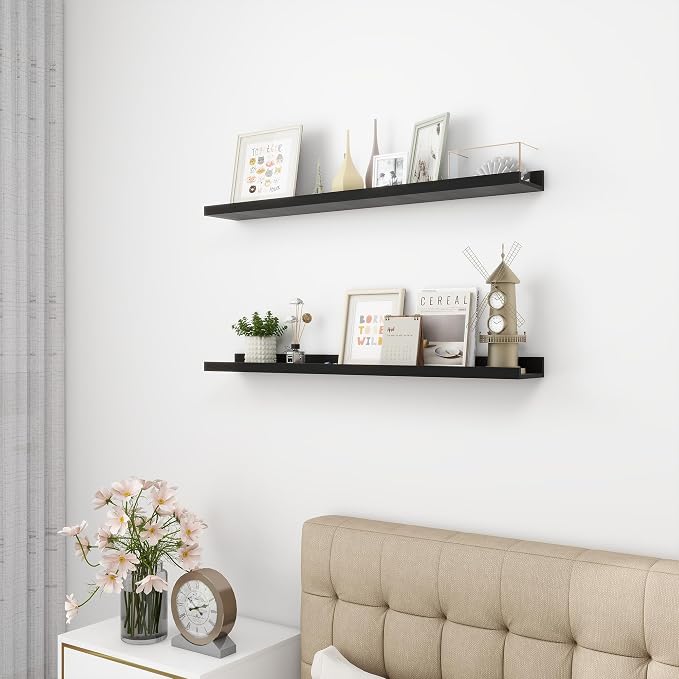 Acovy 36 inch Picture Ledge Shelf, Wood Floating Shelves, Black, Set of 2 | Wall Mounted, For Living Room Kids' Room Bedroom, Photo Ledge Nursery Book Shelves