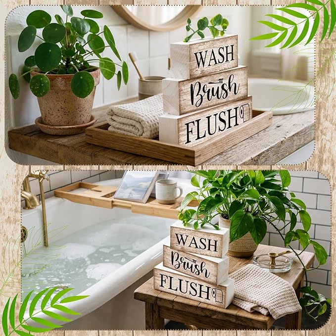 Moucuny 4 Pcs Farmhouse Table Decor Bathroom Wooden Signs Rustic Eucalyptus Leaves Wooden Block Sign Gift Wash Brush Flush Farmhouse Table Centerpiece for Living Room Housewarming Gift