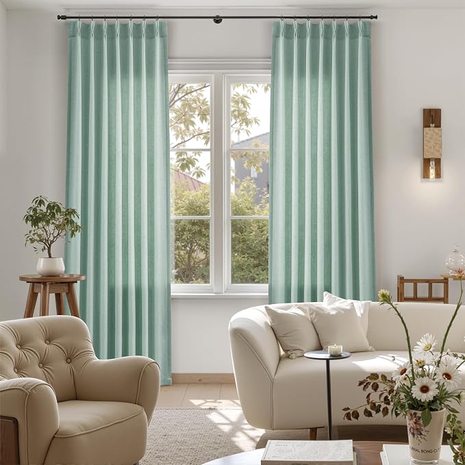 Aqua Green Pinch Pleated Linen Curtains 108 Inch Length 2 Panels for Living Room Bedroom Elegant Farmhouse Country Privacy Light Filtering Semi Sheer Back Tab Drapes with Hooks for Nursery 40x108