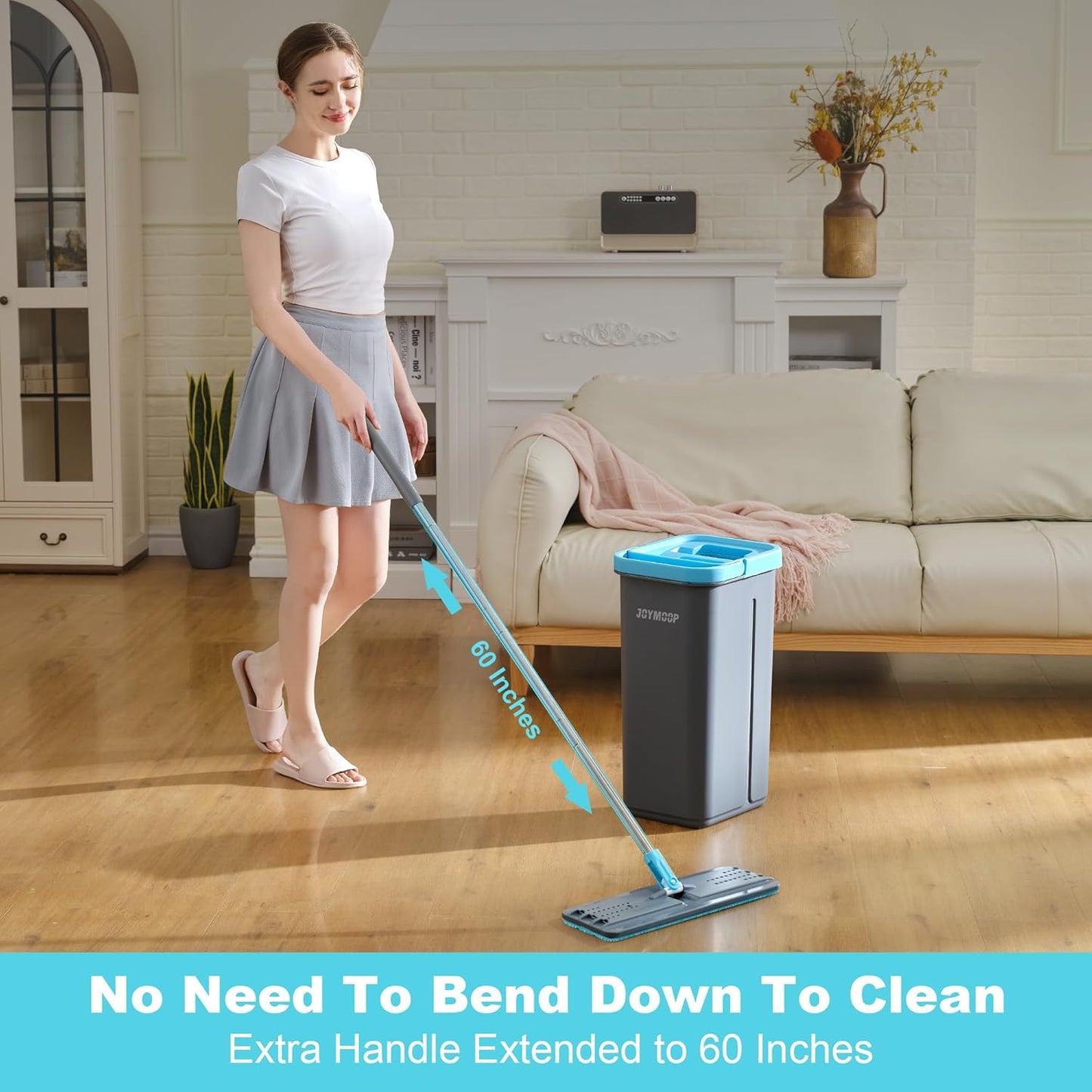 JOYMOOP Mop and Bucket Set with Wringer, with 5 Reusable Microfiber Mop Pads, Mops for Floor Cleaning and Wall Cleaning, Hands-Free Flat Mop for Home Use - Grey+Cyan Blue