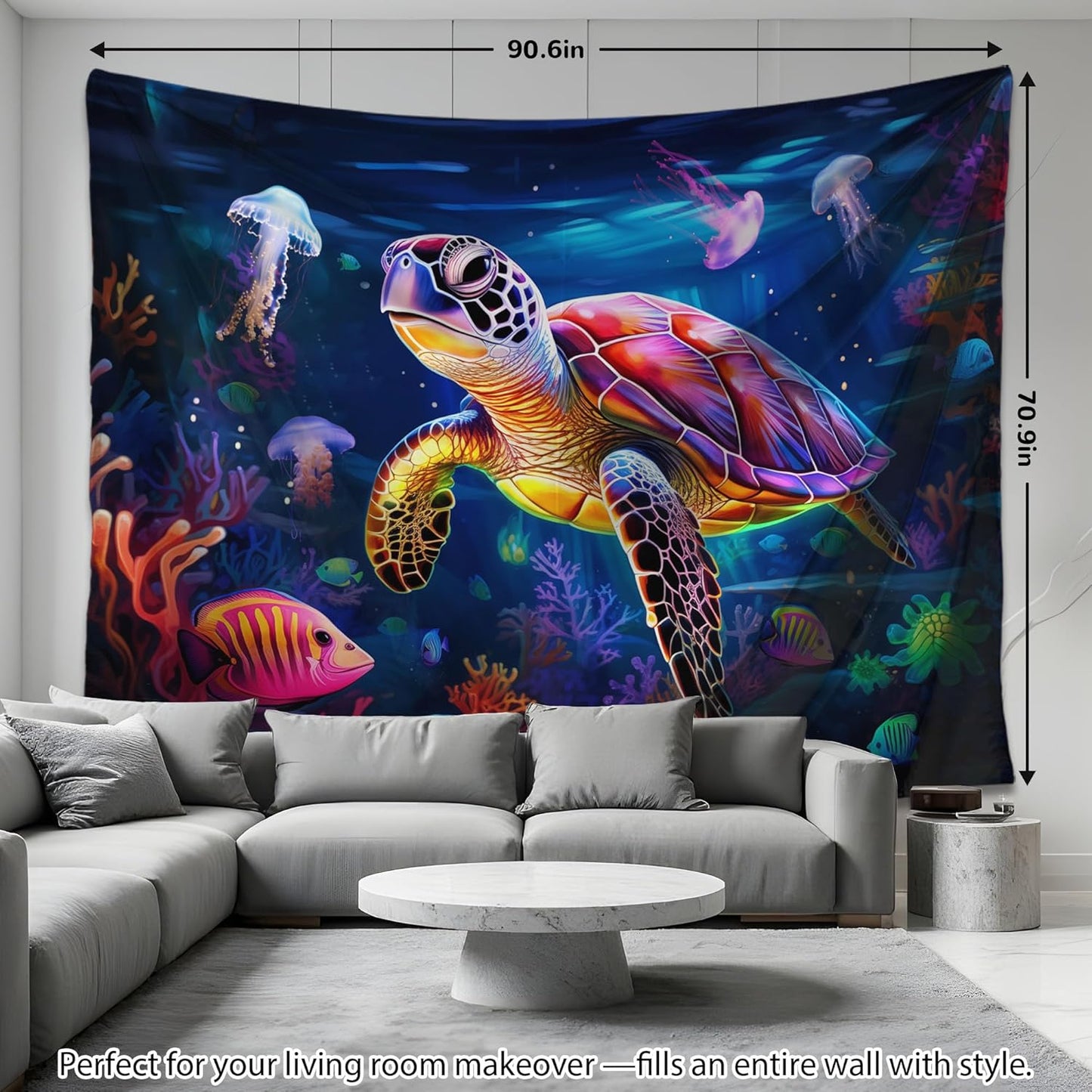 QGHOT Turtle Tapestry, Blacklight Ocean Tapestry Wall Hanging Undersea Black Light Poster for Kids Glow in the Dark for Kids Bedroom Children Toddler Room Decor 90x70in