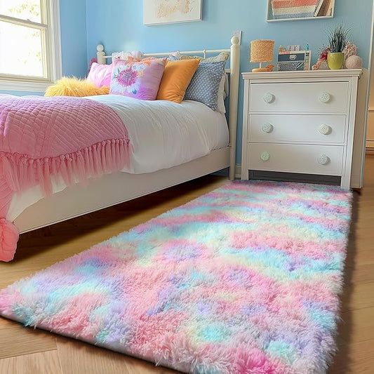 PAGISOFE Rainbow Runner Rugs for Girls Bedroom Hallway Plush Fluffy Rug 2x6 Ft, Soft Kawaii Carpet for Living Room, Non-Slip Indoor Princess Rugs for Nursery Kids Girls Room Home Decor Cute Colorful