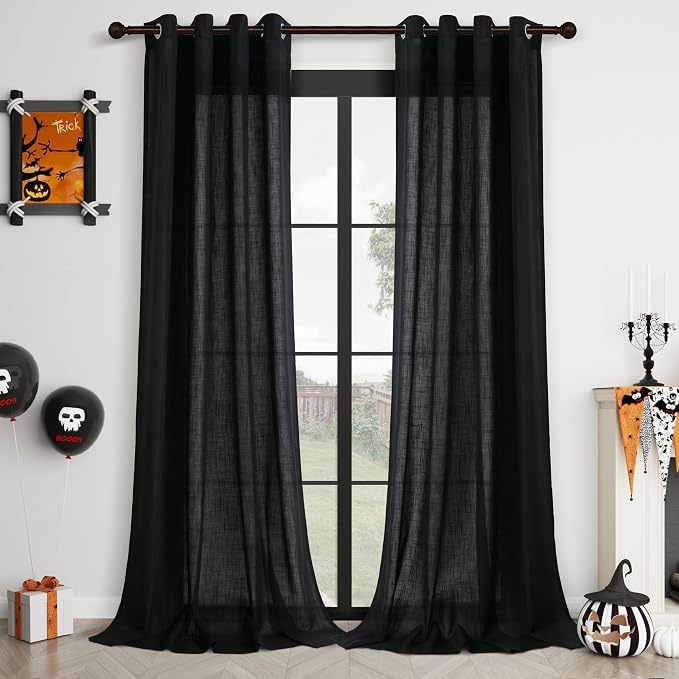 Extra Long Black Curtains 120 In Length 2 Panels for Living Room Grommet Neutral Farmhouse Linen Drapes Light Filter Semi Sheer Curtain 120 Inches Floor Ceiling Patio Sliding Door Halloween Decor