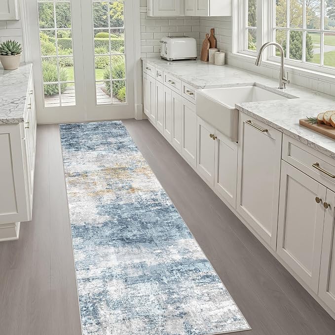 Runner Rug Non-Slip Kitchen Rug: 3x10 Washable Abstract Modern Soft Stain Resistant Indoor Floor Neutral Accent Throw Carpet for Hallway Bathroom Laundry Room Bedroom Entryway- Blue Gold