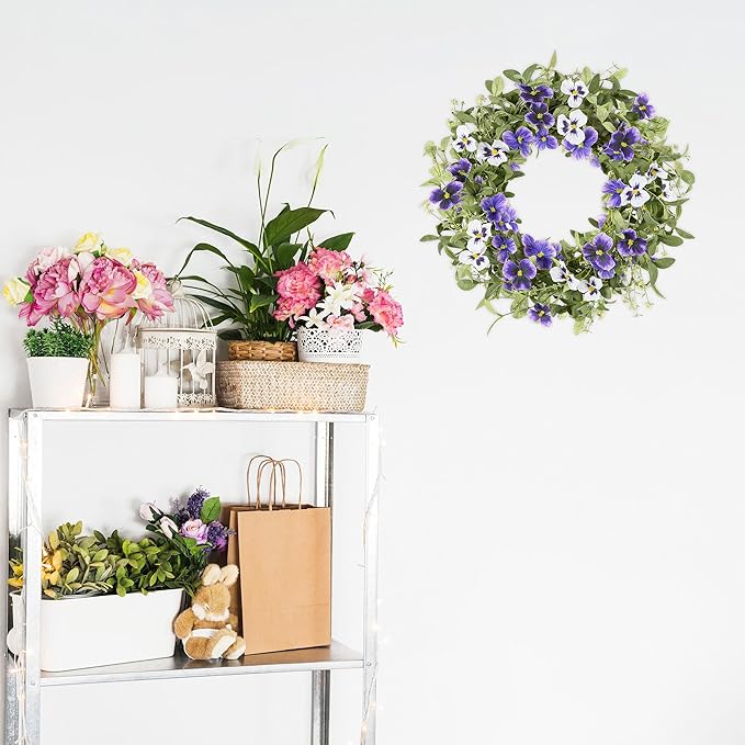 YNYLCHMX 18" Spring Summer Wreaths for Front Door, Artificial Floral Wreath with Purple Pansy Flowers Green Eucalyptus Leaves, Green Foliage Wreath for Wall Window Farmhouse Party Holiday Home Decor