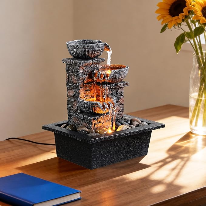 Kalona Tabletop Fountain 3 Bowls with LED Light Soothing Water Flowing Sound Fountain Zen/Meditation Home/Office Decor Home Décor Relaxation Indoor (23113)
