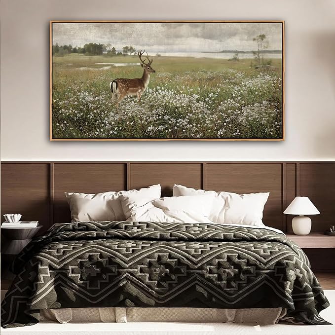 Vintage Wall Art for Living Room Farmhouse Wall Art, Country Wall Decor, Deer Art - Rustic Nature Canvas, Large Landscape Pictures for Bedroom Framed Artwork for Walls 29×58IN