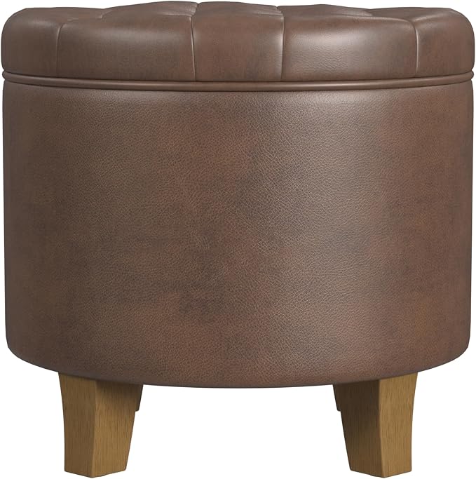 HomePop 19" Faux Leather Button Tufted Round Storage Ottoman - Brown