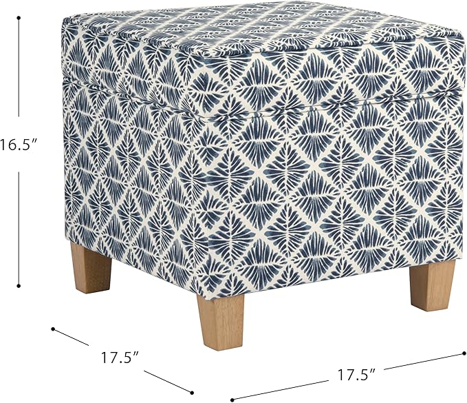 HomePop Small Square Storage Ottoman with Lift-Off Top, Blue Geometric Pattern Cotton Fabric Upholstered Accent Footrest Stool with Wood Legs for Living Room Bedroom Entryway