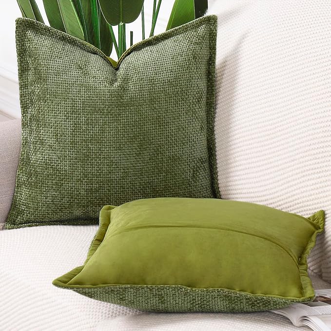 MADIZZ Decorative Chenille Velvet Throw Pillow Covers Set of 2 Soft Boho Textured Neutral Couch Throw Pillow for Bed Modern Farmhouse Home Decor for Sofa Livingroom Moss Green 16x16 Inch