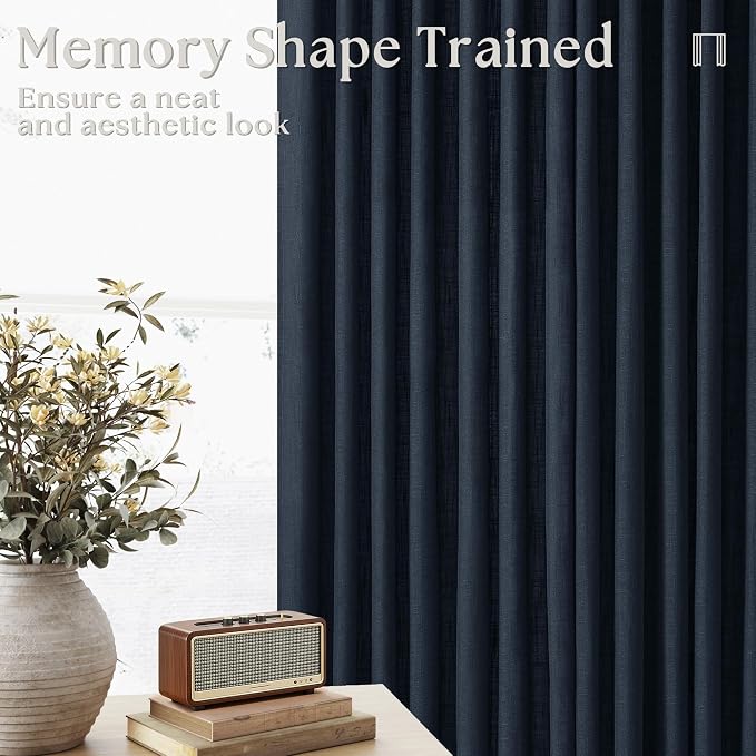 Navy Short Linen Curtains 45 Inch Length 2 Panel Set for Small Windows Dark Blue Linen Cotton Light Filtering Drapes Privacy Pinch Pleated Back Tab Semi Sheer Kitchen Curtains 45 Inches Long