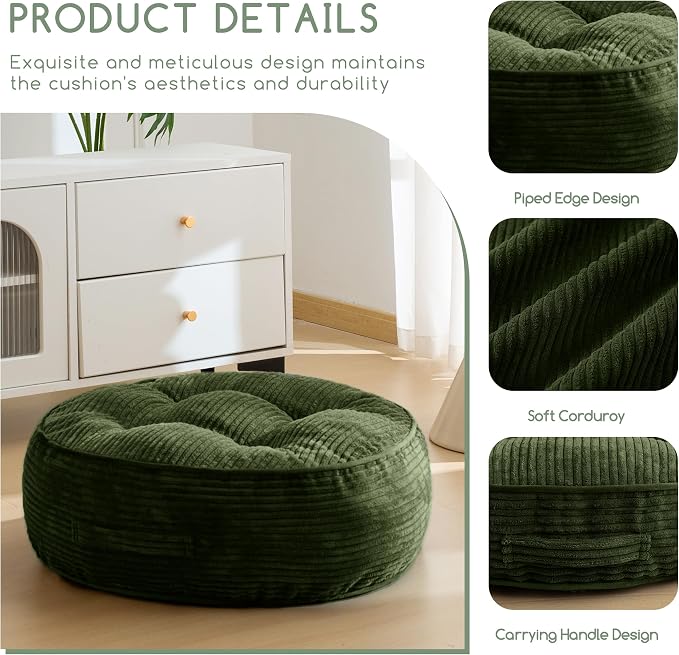 HIGOGOGO 8" Extra Thick Floor Pillow Cushion for Adults, Meditation Cushion Pillow, Large Round Floor Sitting, Tufted Corduroy Cover, for Tatami Living Room or Yoga, 22x22 Inch, Dark Green