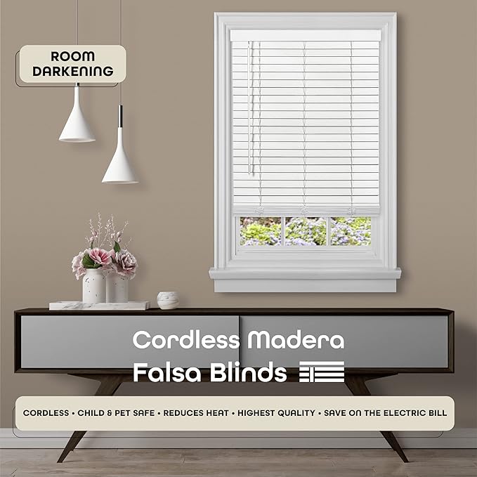 Cordless Room Darkening Plantation Blind - 46 Inch Width, 64 Inch Length, 2" Vinyl Slat Size - White - GII Madera Falsa Faux Wood, Light Filtering Horizontal Windows Blinds by Achim Home Decor