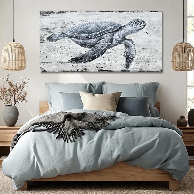 Hue7Art Ocean Inspired Turtle Canvas Wall Art Style Marine Animal Painting, Coastal Theme Artwork for Living Room Bedroom Bathroom Beach Home Decor 24x48 Inch