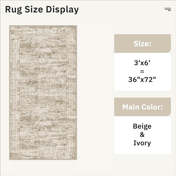 Soalmost Runner Rug 3x6 Washable Non-Slip Kitchen Runner Rugs for Bathroom Laundry Room Brown Vintage Floor Carpet Runners for Hallway Entryway