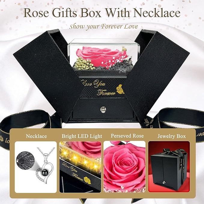 Preserved Real Rose-Eternal Flowers Rose Mothers Day for Mom Women Her Wife Girlfriend on Birthday Valentines with I Love You Necklace 100 Languages Romantic Gift (Pink)
