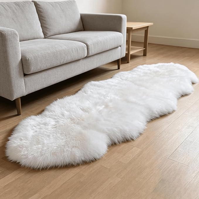 AOGELAN Genuine Sheepskin Rug with Little Patches, Real Shaggy Fur Wool Sheep Skin Throw Pad for Bedroom Living Room Floor, Pray Pup Mat, Chair Sofa Seat Cover, Double Pelt Ivory White