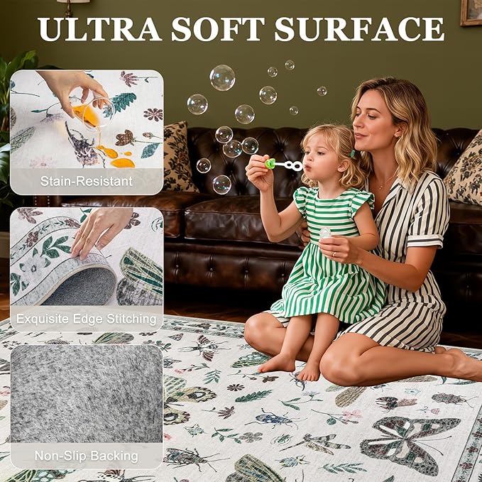 6x9 Area Rugs Living Room Rug: Vintage Washable Rug Floral Soft Carpet Indoor Floor Non-Slip Boho Stain Resistant Large Carpets for Bedroom Kids Nursery Dining Room Farmhouse Home Office Beige
