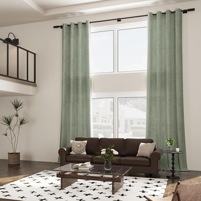 Grommet Sage Green Linen Curtains for Living Room 108 Inch Length 2 Panel Set Cotton Light Filtering Drapes French Country Semi Sheer Window Curtains 108 Inches Long for Dining Room Bedroom 52x108