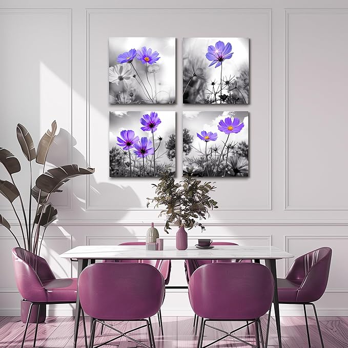 Wall Art For Living Room Black and White purple flower Canvas Wall Decor for Home Decor artwork painting 12" x 12" 4 Pieces Canvas Print For bedroom Decor Modern Salon kitchen Still Life Painting