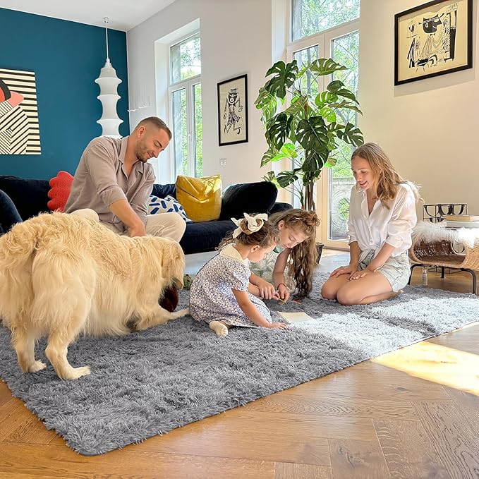OLANLY 6x8 Machine Washable Large Area Rugs for Living Room, Bedroom, Soft Fluffy Shaggy Bedside Rug, Indoor Floor Carpet for Kids Girls and Boys, Dorms, Nursery, Home Decor Aesthetic, Light Grey