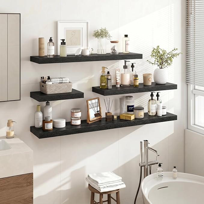 Acovy 48 Inch Floating Shelves, 48"x9.25"x1.5" Inch Deep Floating Shelves for Wall, Wooden Shelves for Bathroom, Bedroom, Living Room, Black, 1 Piece