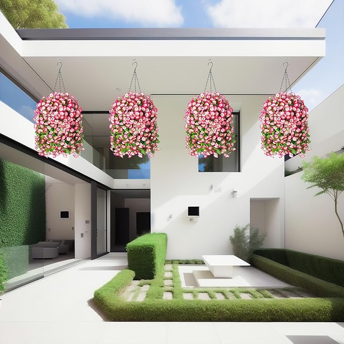 Ammyoo Artificial Faux Hanging Flowers Basket for Spring Summer Outdoor Porch Decor, Fake Silk Colorful Morning Glory Eucalyptus in Planter UV Resistant Look Real for Home Patio Balcony Yard(Pink)