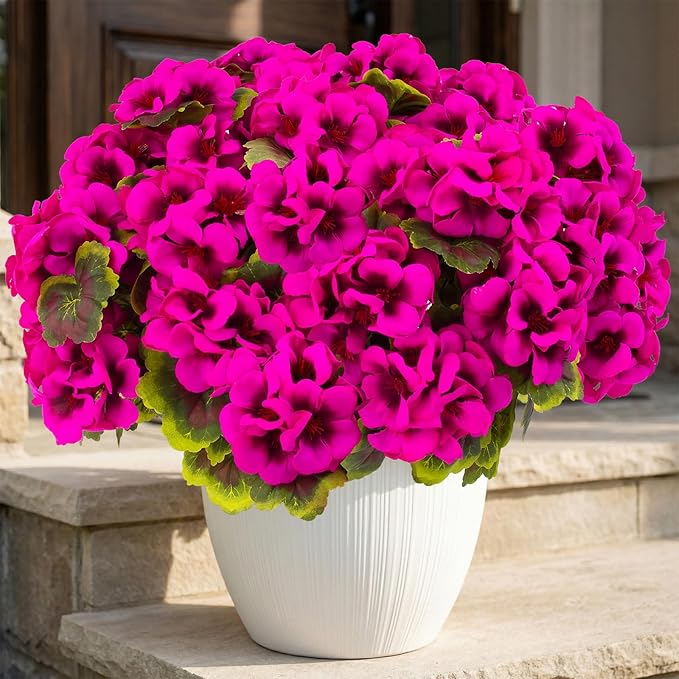 lovemoon 8 Pcs Artificial Geranium Plant Realistic Silk Flowers for Outside UV Resistant Faux Geraniums Flowers for Indoor Outdoor Home Garden Office Decoration (8, Rose Red)